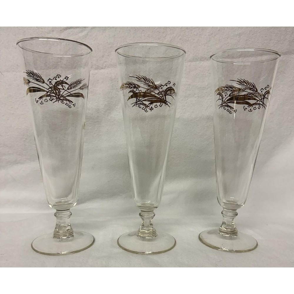 Lifetime Prairie Gold Pilsner Glasses Set Of 3 Vtg Wheat MCM Barware 8.25"